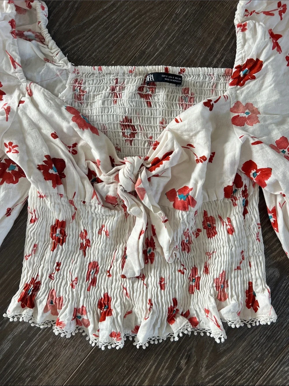 Zara White Floral Smocked Puff-Sleeve Tie-Front Top